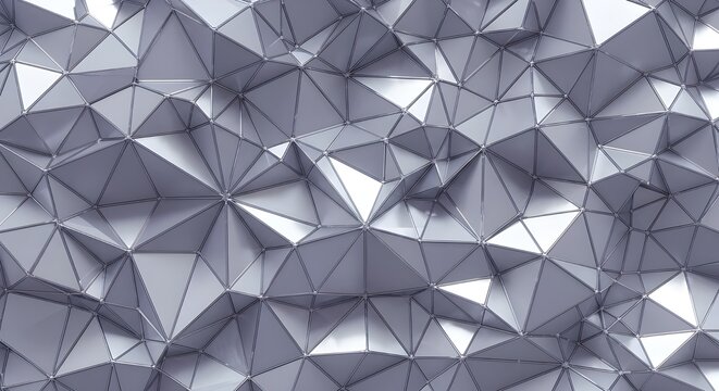 Silver metallic polygon surface with reflective geometric texture and abstract futuristic light pattern