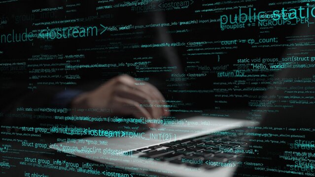 A focused scene showcasing hands typing on a laptop with computer code visible in the background, symbolizing technology, coding, and innovative development in a digital workspace. Xenic