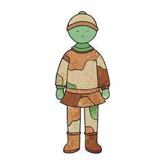 Cute cartoon character wearing camouflage clothing and boots