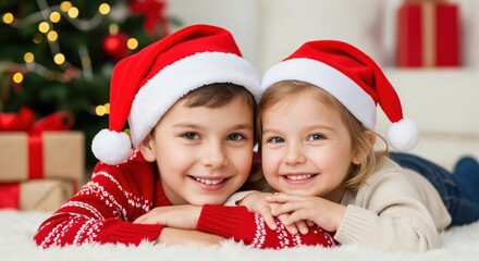 Happy Caucasian boy and girl siblings wearing Santa hats, smiling and lying on a white rug in front of a decorated Christmas tree with presents, celebrating winter holidays