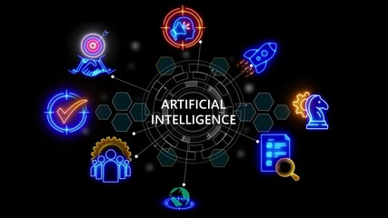 artificial intelligence text .internet and networking concept, technology matrix global security with digital spot light and stretch background glowing 4k video animation - Powered by Adobe