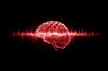 Red brain, red waveform, neural energy, black background, dynamic focus