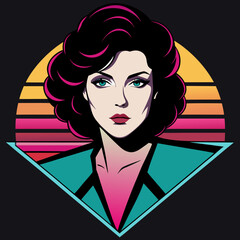 Retro 80s style woman portrait with sunset background
