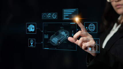 Technical layout of electric vehicle showing battery system, power control, traction motor, charging interface, and integration with renewable and smart energy sources Latch