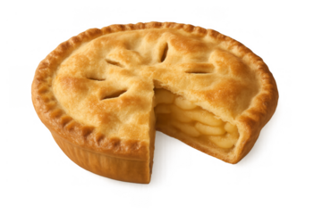 Delicious golden apple pie with a missing slice, showing baked fruit filling, fresh from the oven, on a transparent background