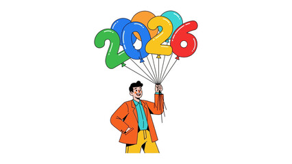 Optimistic Outlook: A vibrant illustration showcasing an individual joyfully holding balloons shaped as the number 2026, symbolizing a cheerful anticipation for the coming years.