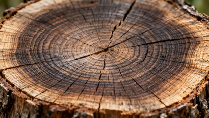 A close-up, high-angle view of a weathered tree stump reveals the dark, concentric growth rings, showing its age and the natural wood texture.