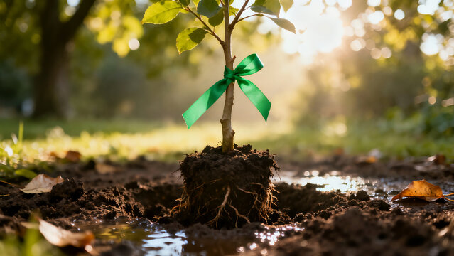 A small tree sapling with exposed roots is prepared for planting in dark, moist soil, tied with a bright green ribbon, illuminated by warm sunlight. - Powered by Adobe