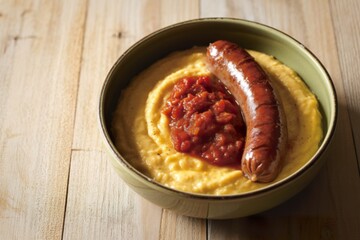 A photo of a bowl of polenta with a grilled sausage and a tomato sauce