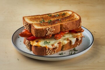 a hot sandwich with fried toast bread, baked peppers, and cheese