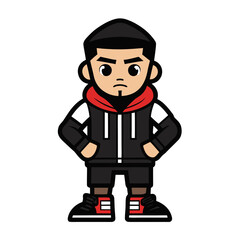 Cartoon character with black hoodie and red accents standing confidently