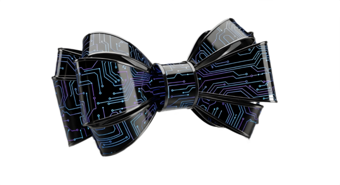 Stylish futuristic dark blue bowtie featuring a glowing electronic circuit board pattern. isolated PNG with Transparent Background