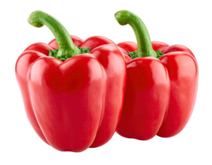 Two glossy, plump red bell peppers side by side