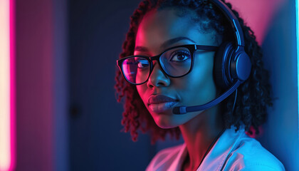 Focused Black woman wears headset and glasses for virtual call. Neon lights illuminate her face in a modern office setting. She looks ready for communication.