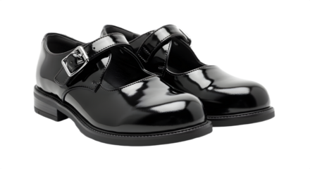 Glossy black patent leather Mary Jane shoes with strap and buckle for uniform and fashion isolated PNG with Transparent Background