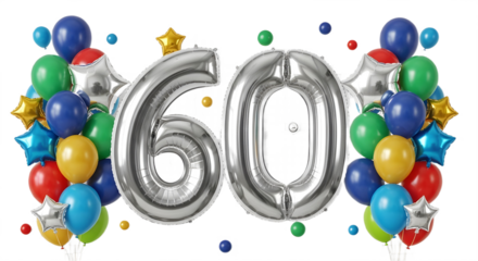 Large silver foil balloon number 60 surrounded by colorful party decorations for celebration isolated PNG with Transparent Background