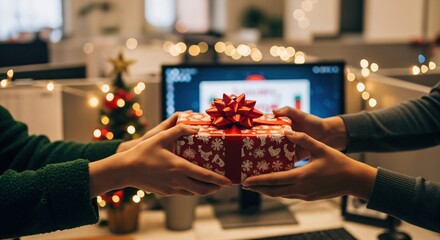 Two people exchanging a festive red Christmas gift box with a bow in a decorated office environment