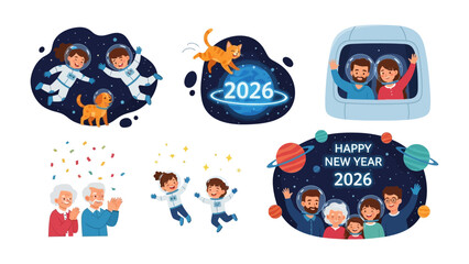 2026 Space-Themed New Year: A futuristic and whimsical illustration, anticipating the year 2026 with a family immersed in a space-themed celebration. Featuring astronauts, planets.