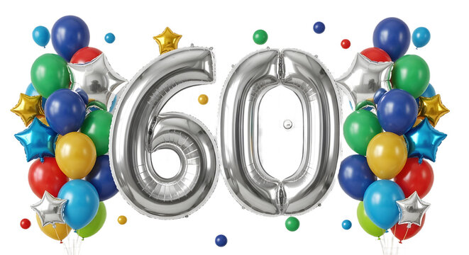 Large silver foil balloon number 60 surrounded by colorful party decorations for celebration isolated PNG with Transparent Background