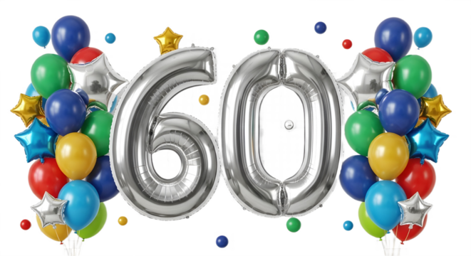 Large silver foil balloon number 60 surrounded by colorful party decorations for celebration isolated PNG with Transparent Background