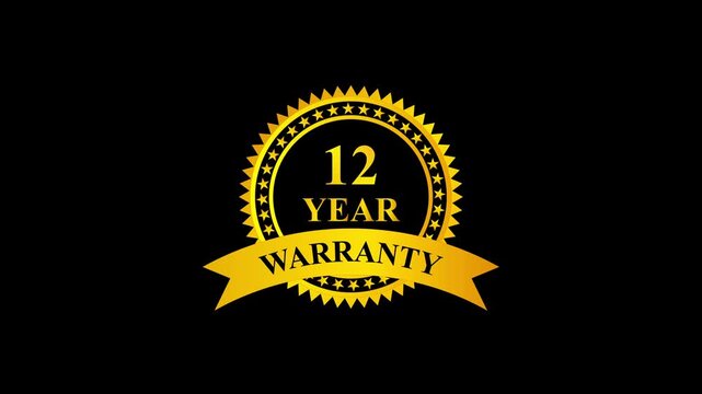 Golden 12 year warranty badge with ribbon on black background, premium quality guarantee label, certification seal, quality assurance, product guarantee seal, metallic gold warranty