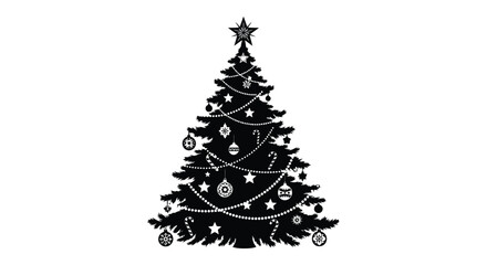 Silhouette of a decorated christmas tree with ornaments and a star on top isolated on white background