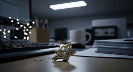 Festive golden star ornament on a quiet office desk, surrounded by keyboard, papers, and glowing string lights at night