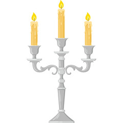 Elegant Silver Candelabra Holding Three Dripping Yellow Candles with Lit Flames on a Transparent Background