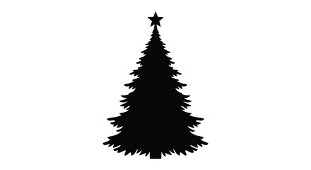 Silhouette of a tall decorated christmas tree with a star on top against a white background
