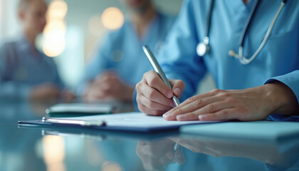 Healthcare pro in blue scrubs diligently writes patient notes on clipboard with pen. Stethoscope hangs on neck as accurately document vital medical info. Ensures complete, reliable healthcare records