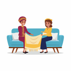 Two People on a Blue Couch Displaying a Yellow and Beige Textile Lifestyle Scene