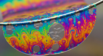 Macro shot of a colorful soap bubble with iridescent patterns and holes