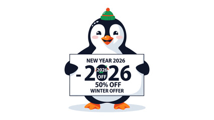 New Year Discount Penguin: A charming cartoon penguin joyfully holds a sign advertising a significant discount for the upcoming New Year, highlighting the special winter offer. 