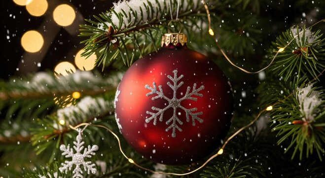 Close-up of a festive Christmas tree branch adorned with a red bauble featuring a snowflake design, sparkling string lights, and falling snow creating a magical winter holiday scene.