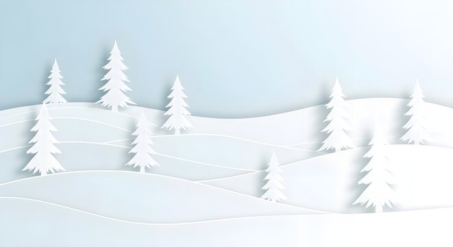 Winter landscape scene with stylized paper cut out trees on snow covered hills