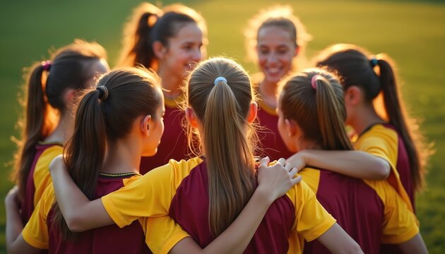 Young girls soccer team huddles together, arms around shoulders, ready for game. Players talk strategy before match, showing unity and teamwork on field during warm glow of sunset.
