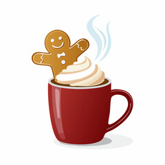 Festive Gingerbread Man Cookie Floating on Whipped Cream Topped Hot Chocolate in a Red Mug, Christmas Holiday Beverage