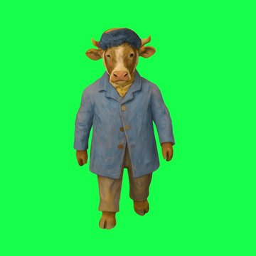 Cow dressed in blue coat animation, transparent 4K video, green screen