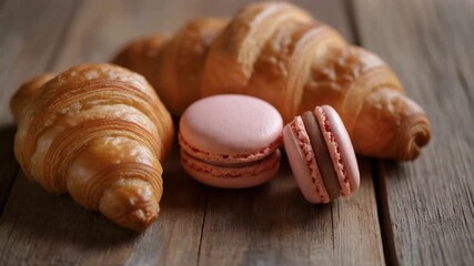 Freshly baked golden croissants and delicate pink macarons arranged on a rustic wooden table. - Powered by Adobe