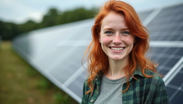 Redheaded woman smiles near solar panels. She wears green plaid shirt, happy, looking at camera. Renewable energy farm background. Eco friendly power generation.