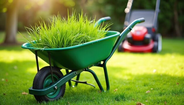 Freshly cut lawn grass fills green wheelbarrow on backyard grass. Lawn mower stands on lawn. Yardwork tool on grass field. Season lawn care at sunny day, beautiful soft sunshine. Gardening concept.