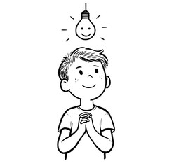 a boy with a cheerful expression, looking up at a light bulb above his headboy, hand, illustration, lamp, light, man, smile 