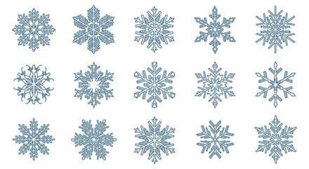 Collection of intricate blue and green ornamental snowflake designs on a white background