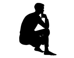 a silhouette of a man sitting with his chin resting on his handblack, floor, hand, jaw, man, profile, sit, squat, stool 