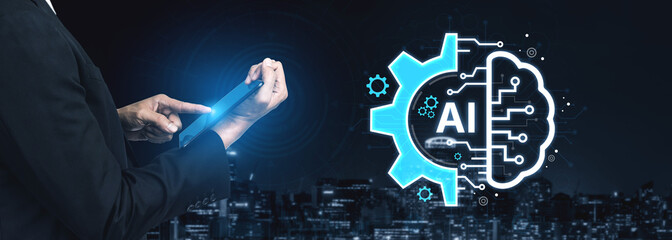 Concept of Artificial Intelligence combining industrial automation with cognitive technology. A...