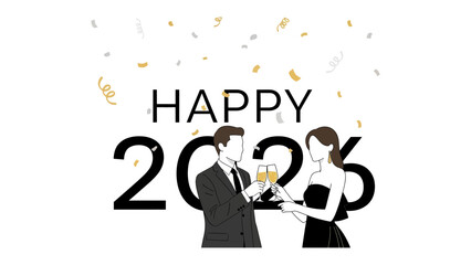 Celebrating New Beginnings: A stylish couple toasts to a new year, their champagne glasses clinking together amidst a shower of confetti, set against a clean, modern backdrop. 