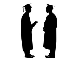 two silhouettes of two graduates in academic gowns, one presenting a book to the otherblack, cap, diploma, gown, graduate, graduation, man, profile, robe, stand, student, talk 