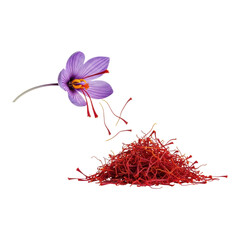Saffron flower and pile of saffron threads