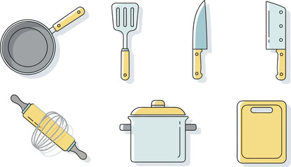 A collection of essential kitchen utensils and cookware, including a frying pan, spatula, knives, rolling pin, pot, and cutting board.