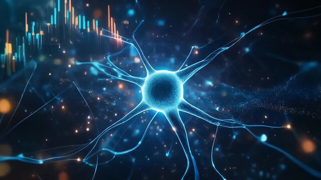 A glowing blue neuron-like structure with intricate connections against a dark background with abstract data graphs and digital patterns.